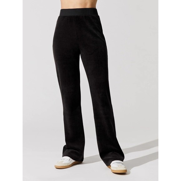Carbon38 Black Velour Pull-On Elastic Waist High Rise Flare Wide Leg Pants Me XL - Picture 1 of 14